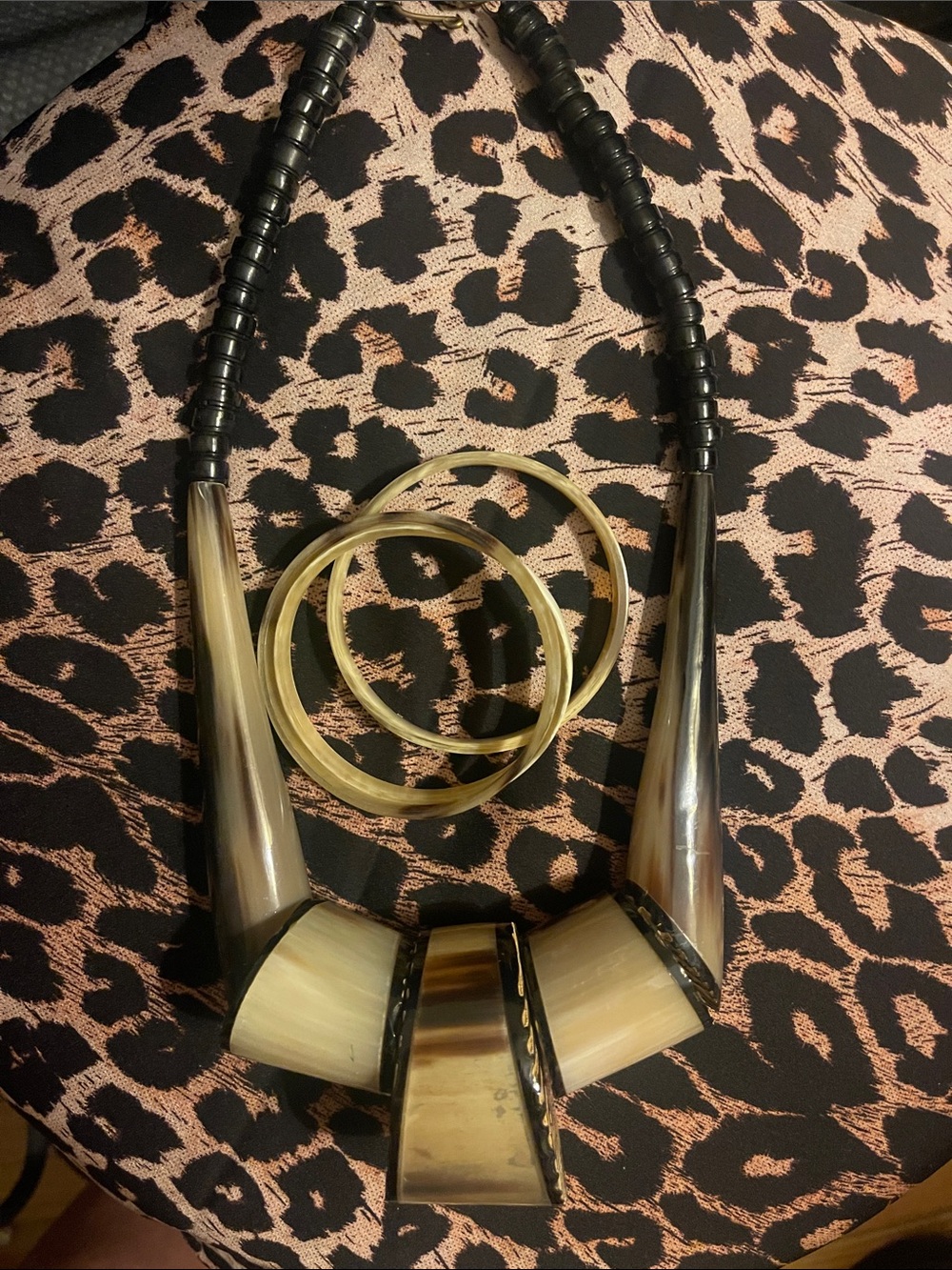 Vintage bone tribal necklace with carved details with 2 bracelets